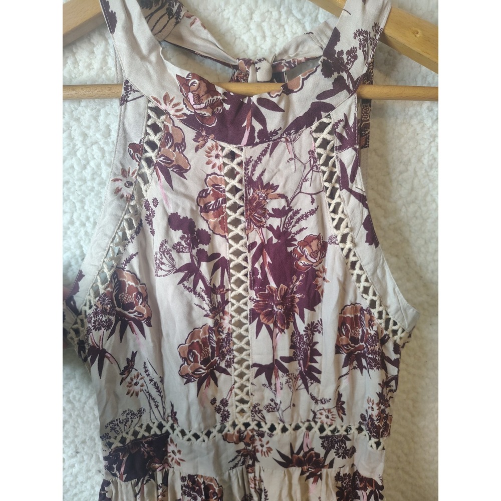 Angie Floral Halter Maxi Dress Burgundy Tan Crochet Lattice Trim Small Boho